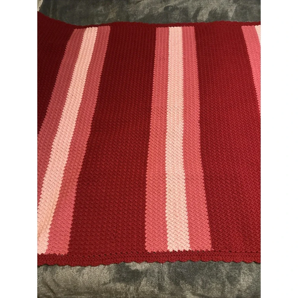 Crochet  Lap Throw Blanket Pinks Red Striped Scalloped Edge 68